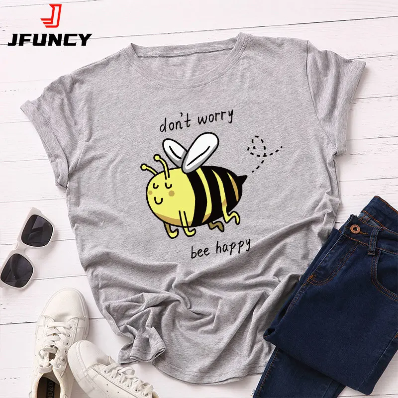 JFUNCY Oversized Top Women Cute Bee Graphic T Shirts Woman T-shirt Cotton Short Sleeve Tshirt Women's Tee Summer Female Clothing