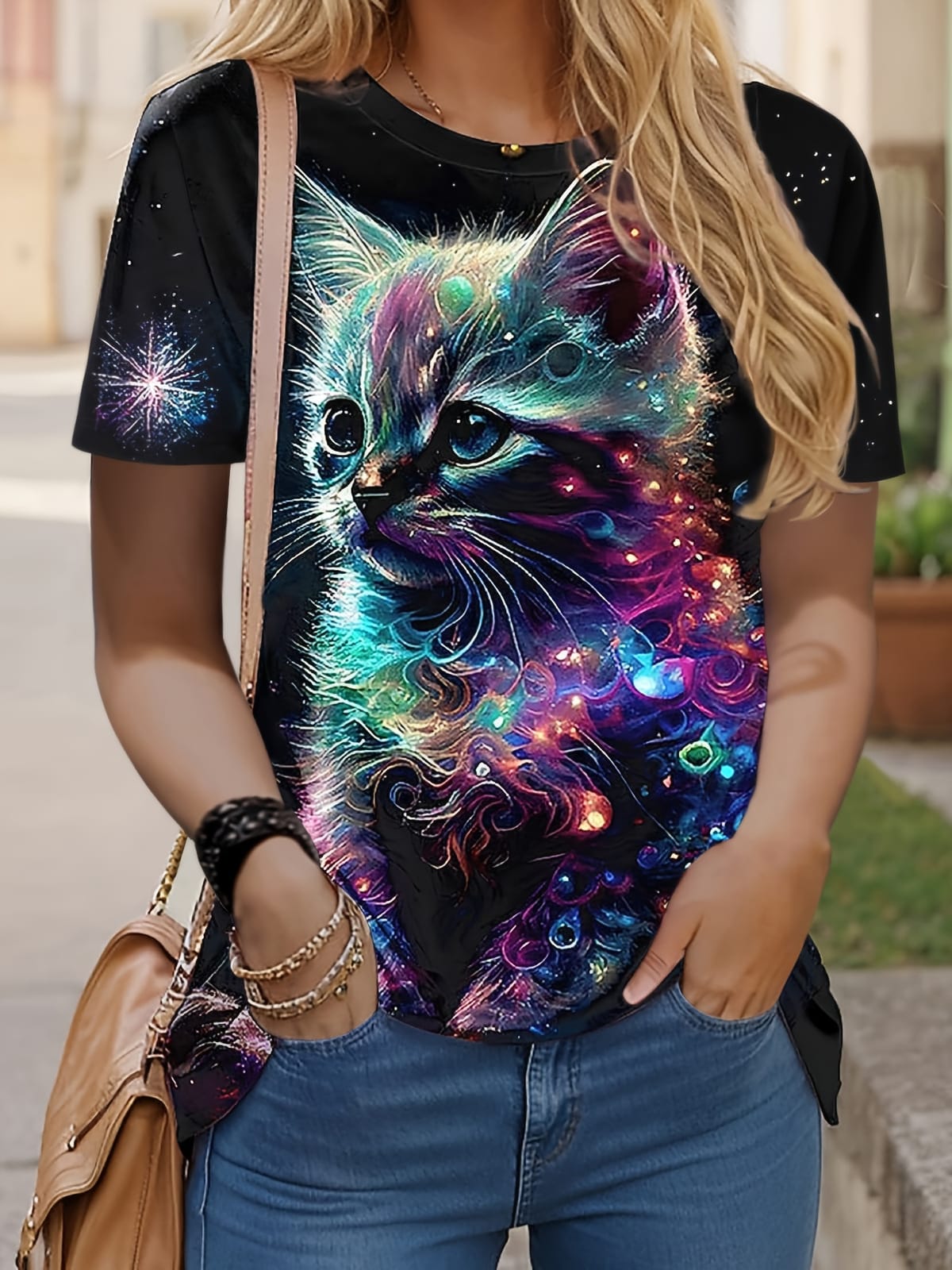 Plus Size 3D Cat Print T-Shirt, Casual Crew Neck Short Sleeve T-Shirt, Women's Plus Size Clothing