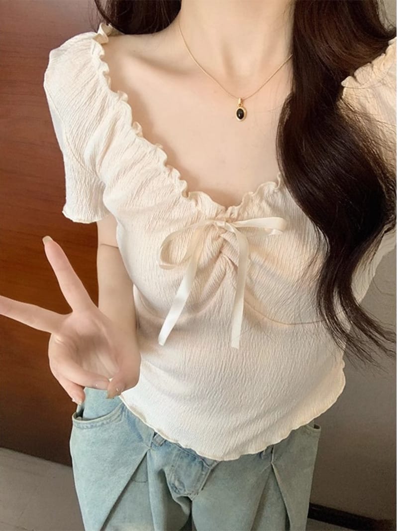 U-neck collarbone front shoulder wooden ear edge short sleeved t-shirt for women's summer new stylish high-end slim fit and W90F