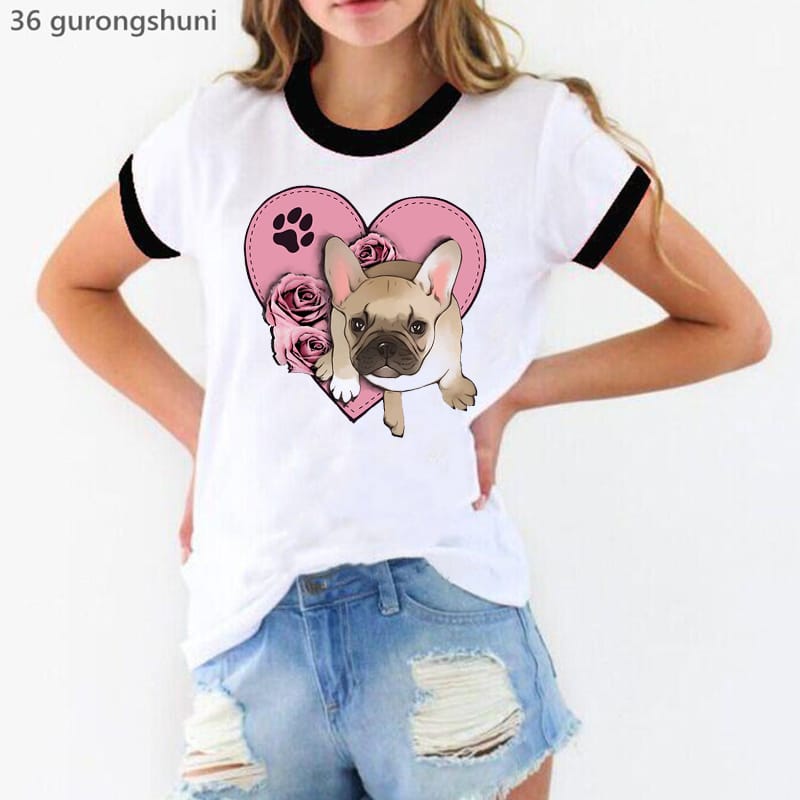 France Bulldog Love Pink Rose Print T-Shirt Women'S Clothing Funny White Tshirt Femme Harajuku Kawaii T Shirt Female Streetwear
