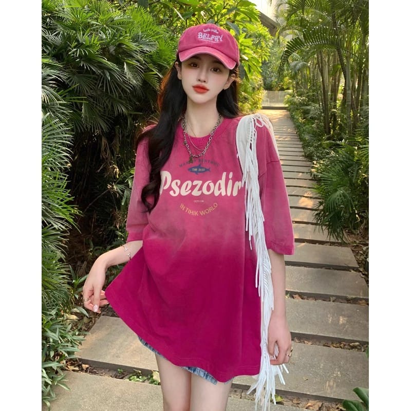 2024 New Cotton Summer Loose Retro American Washed Old Letter Y2k Printing Short Sleeve T-shirt Women's Top