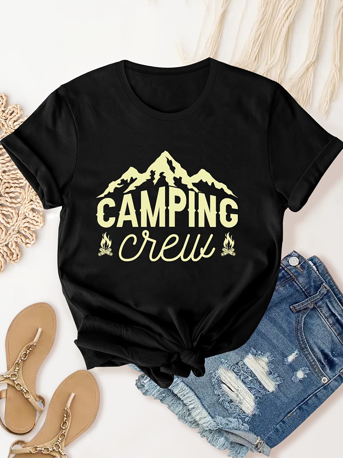 Camping Print Fashion Sports Tee, Short Sleeve Round Neck Casual T-Shirt Top, Women's Activewear