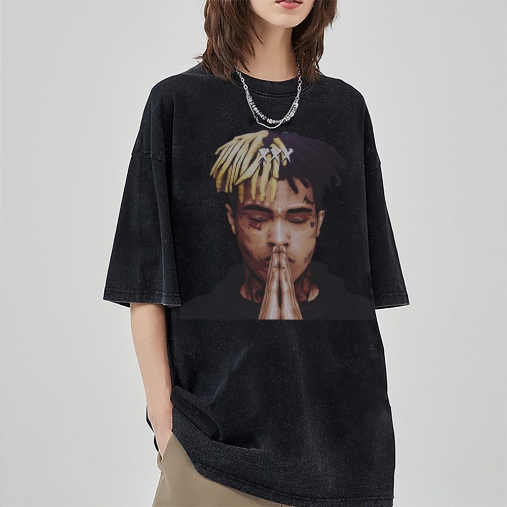 Portrait Print Women's T-Shirt Loose Wash Denim Cotton Short Sleeve High Street Hip Hop Unisex Top Tee 2024