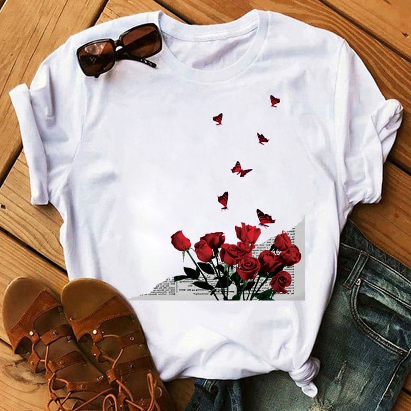 Women's Plant Flower White Fashion Casual Large Size Printed Top T-shirt Woman Harajuku  Oversized T Shirt