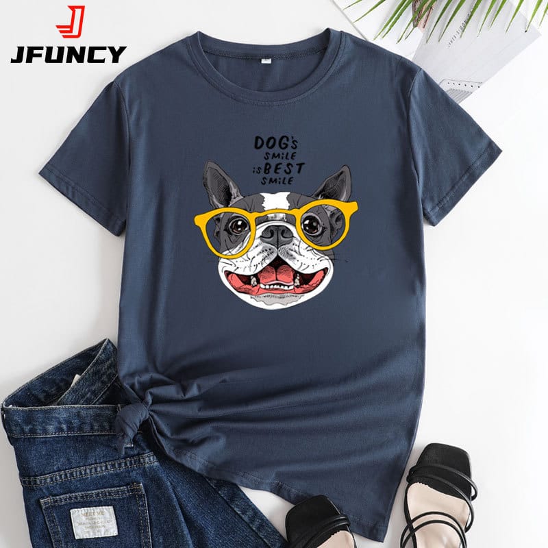 JFUNCY Women's T-shirts Summer Short Sleeve Tee Women Cotton Tshirt Female Top Fashion Woman Clothing Cute Dog Graphic T Shirt