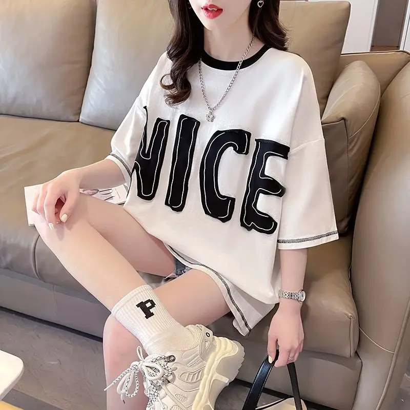 DAYIFUN-Women's Loose Cotton T-shirts Large Letter Medium Length Korean Round Neck Tops Tees Female Summer Wear 80kg New 2024