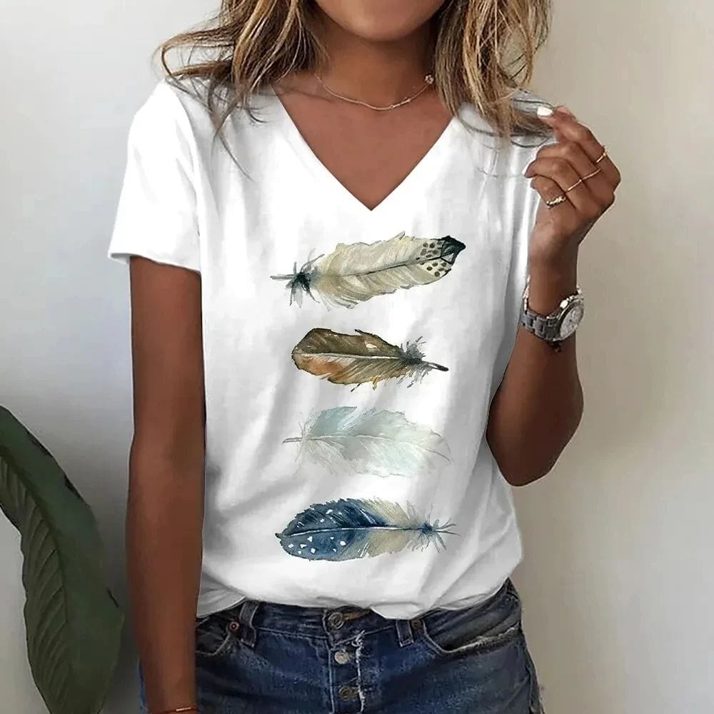 2024 Summer Women's short-sleeved T-shirt Daily fashion top Clothing Women's 3d printed feather casual top plus size