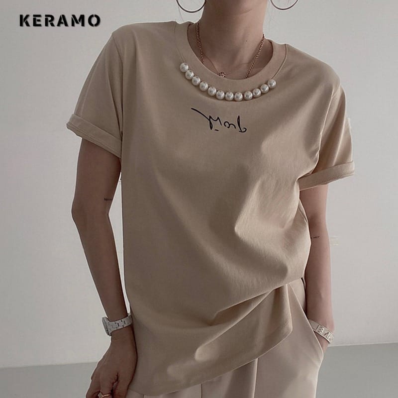2024 Summer Korean Letter Print Short Sleeve Round Neck Casual T-Shirts Women's Fashion Basics Tees Slim Fit Beading Top