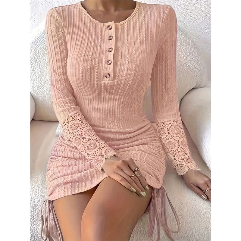 Autumn and Winter New Fashion Versatile Temperament Women's Clothing Splice Buttons Round Neck Long Sleeved Solid Color Dress