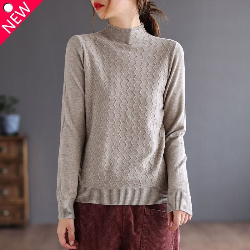 Korean Version Versatile Temperament Women's Clothing Autumn and Winter New Half High Collar Long Sleeve Solid Color Pullover