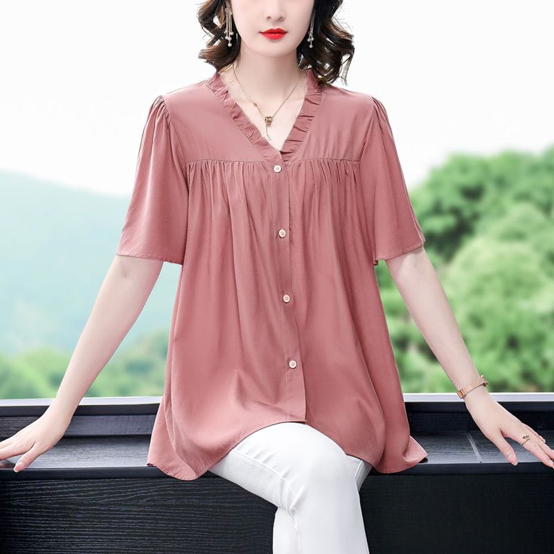 Women's Summer V-neck Blouses Patchwork Button Ruffles Folds Fashion Solid Color Loose Elegant All Match Short Sleeved Shirts
