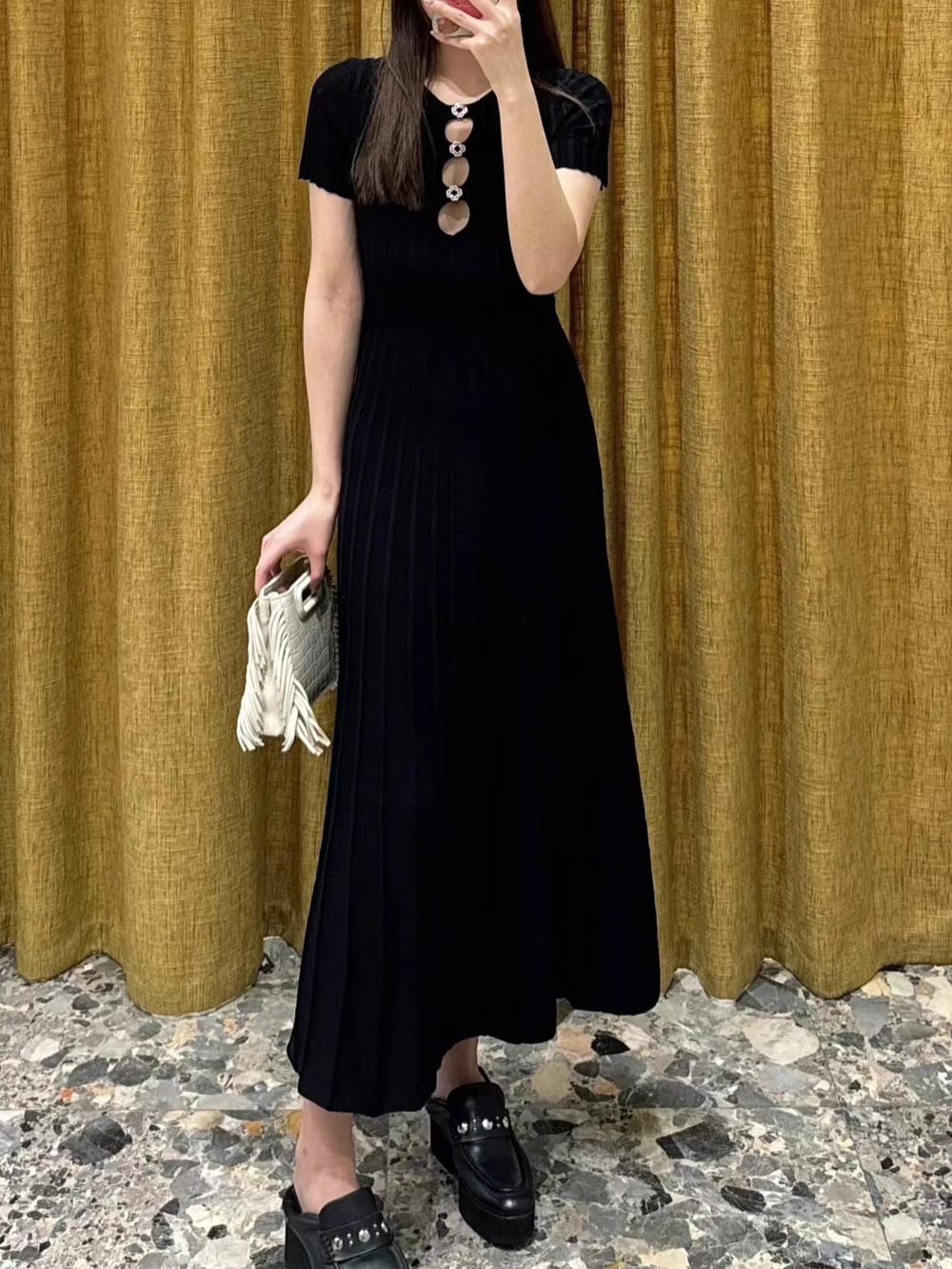 Women's Knitted Robe 2024 New Spring Summer Hollow Out O-neck Slim Waist Sweet Short Sleeve Dress