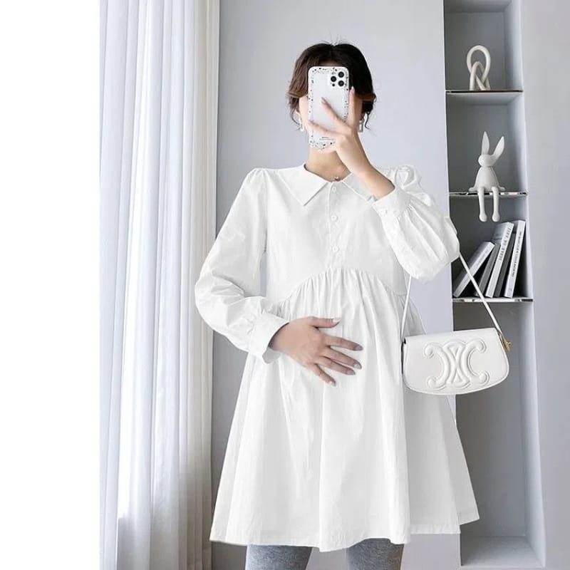 Autumn Fresh 2024 Women's New Patchwork Turn-down Collar Button Folds Fashion Solid Color Loose Casual Long Sleeved Dresses