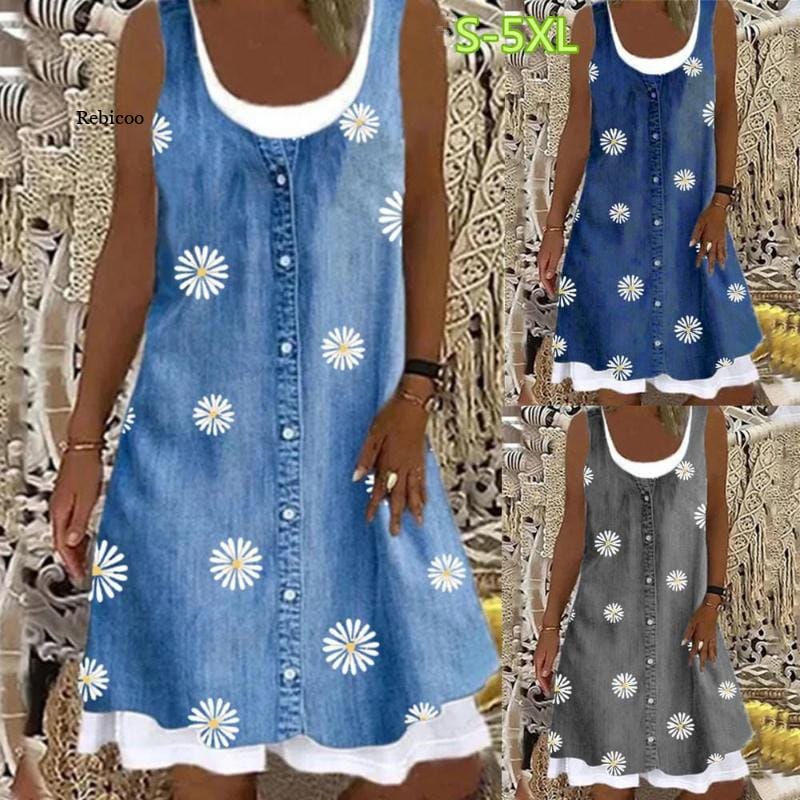 Women's A-Line Dress Spring Summer Casual Everyday Sleeveless Denim Printed Skirt 2022 Patchwork Printed Knee Length Dress
