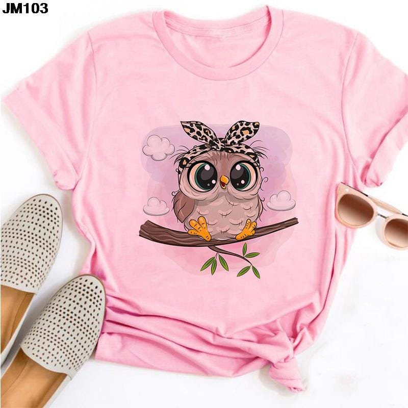 Ladies Cute Owl T-Shirt Four Seasons Fashion Thin Short Sleeve Casual Harajuku Pink Women's T-Shirt