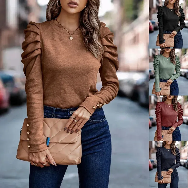 2024 Europe and the United States women's autumn and winter new high-spring round neck slim-fit puffy sleeve top