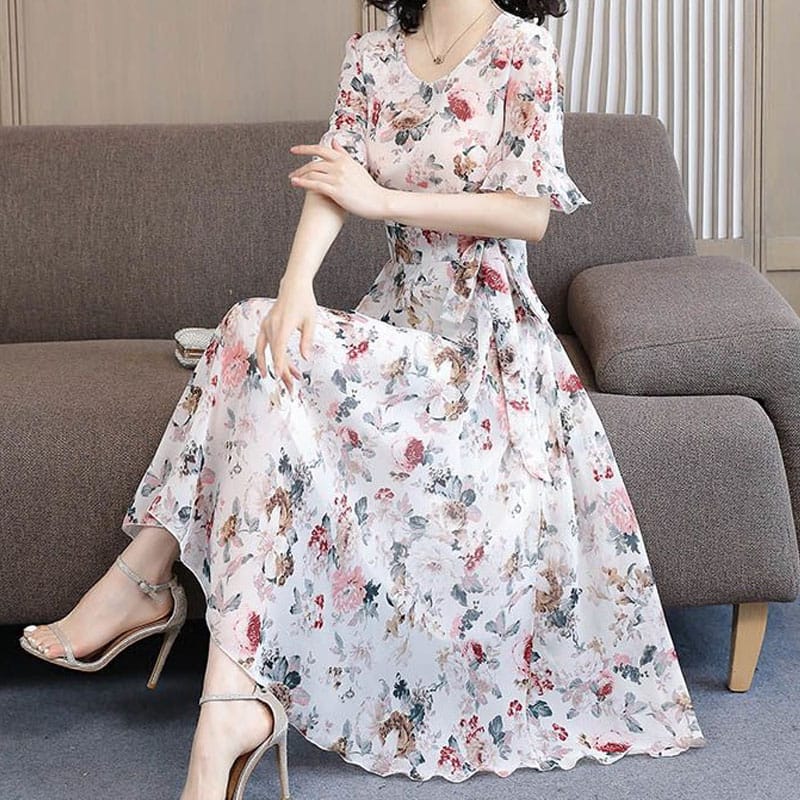 2023 Summer New Loose Oversized Waist Fashion Floral Short Sleeve Round Neck Spliced Belt Temperament Women's Casual Long Dress