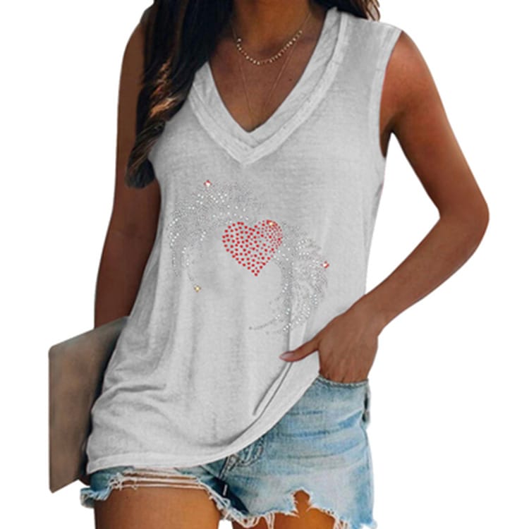 Hot selling polyester loose sexy personality love hot drill sleeveless V-neck T-shirt women's wear