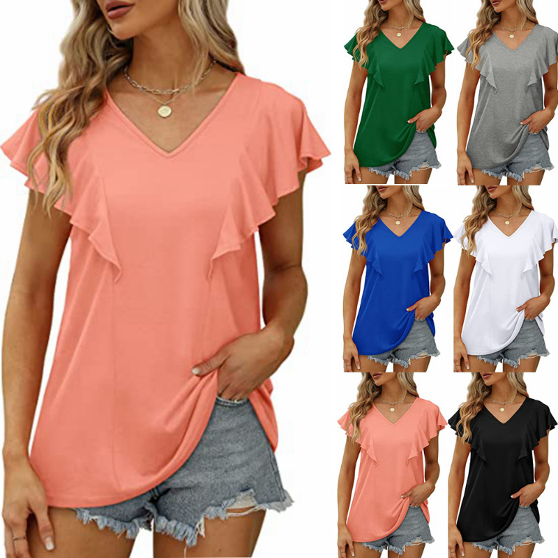 2023 Summer European and American New Temperament Women's Loose Short Sleeve V-Neck Casual Solid Color Splice Ruffle T-shirt
