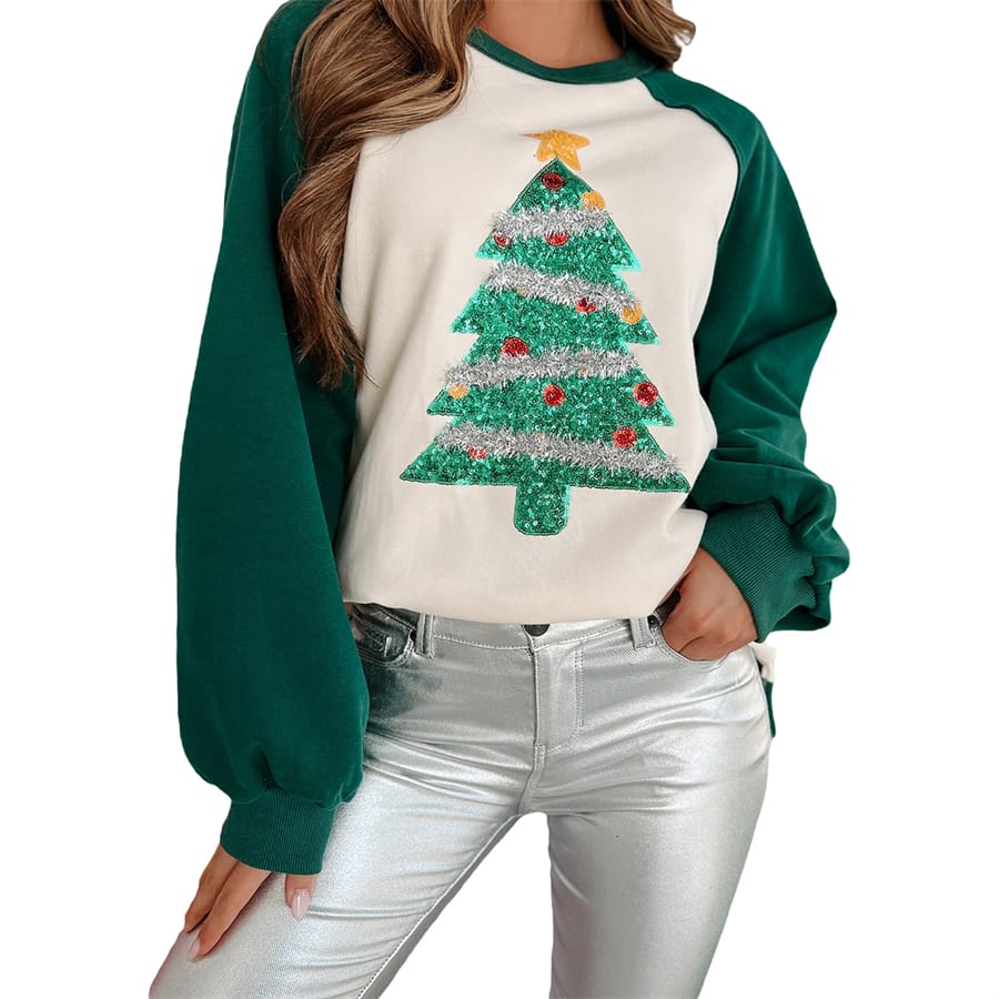Women's Autumn Sweatshirts Christmas Tree Print Long Sleeve Crewneck Pullover Tops Casual Patchwork Sleeves Pullovers Streetwear