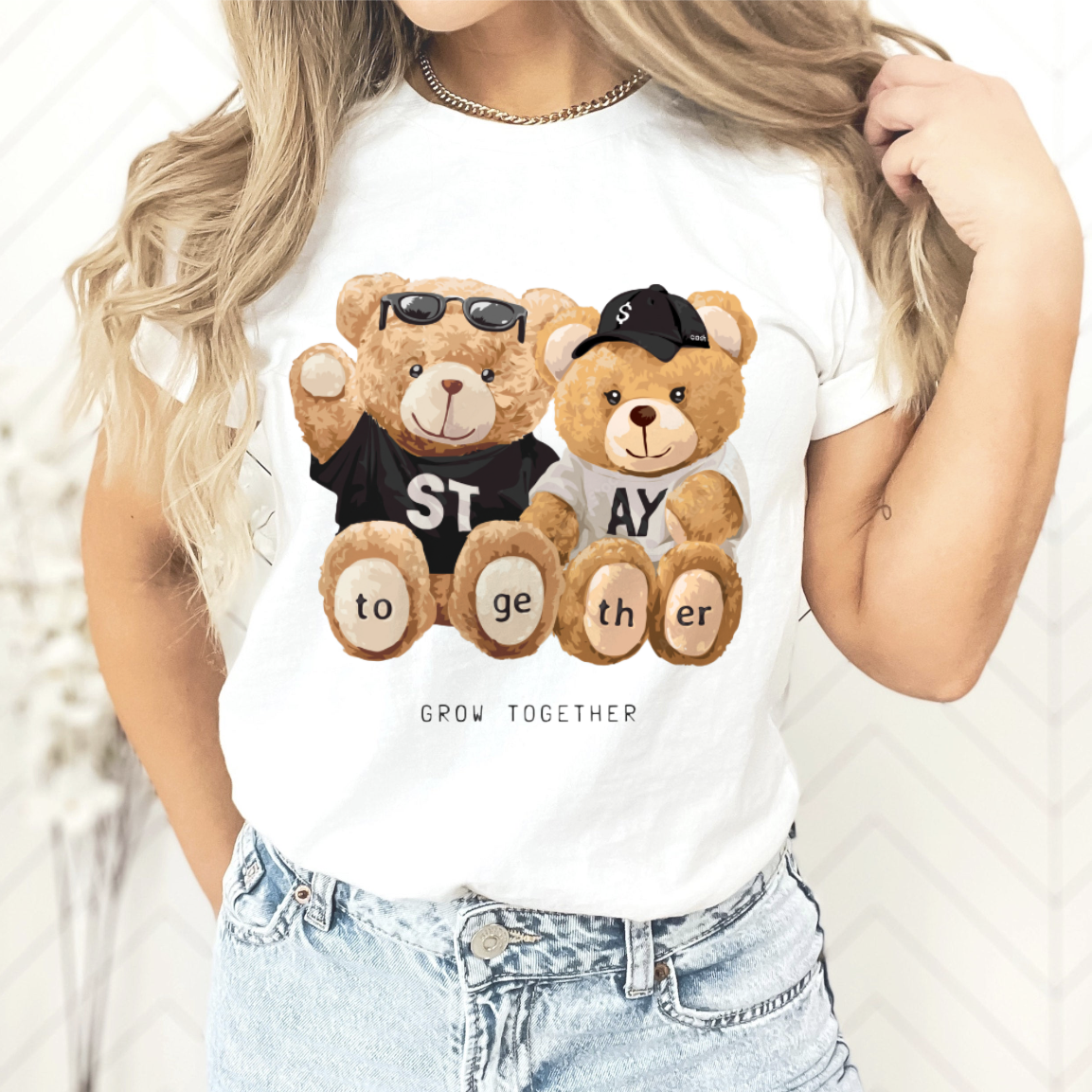 T-Shirt Top Fashionable Women's Casual Cute 90s Short Sleeved Clothing Women's Basic Fun Teddy Bear Print Summer Travel T-Shirt