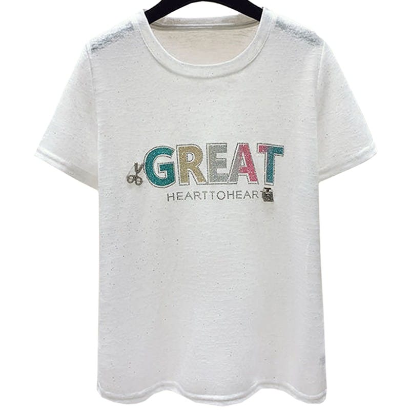 Temperament Short Sleeve White Summer Fit Small Size Women's T Shirt Hot Drill Great Letters Tees Young Lady Fashion Top Female