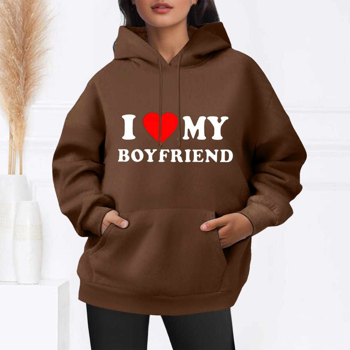 Women's Casual Fashion Letters Printed Winter Loose Long Sleeve Solid Color Warm Soft Pullover Pocket Hooded Sweatshirt