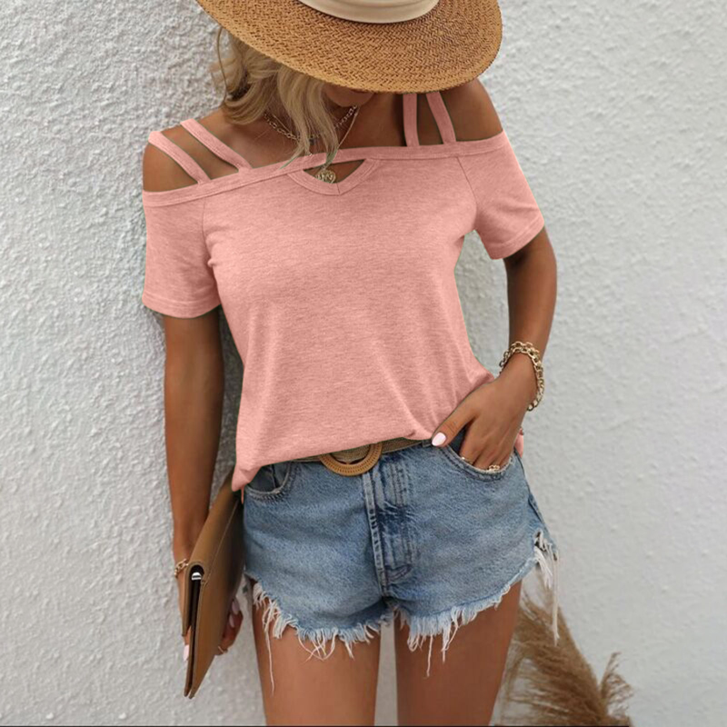2023 Summer New Solid Short Sleeve Double Sling One Line Neck Solid Versatile Casual Fashion Top T-shirt Leisure Women's Wear