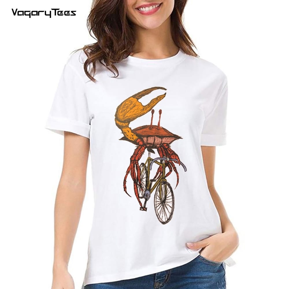 New Summer Women's Short Sleeve Crab And Bikes Vintage Print T-Shirt Cute Girl Casual White Tees Funny Animal Design Tops