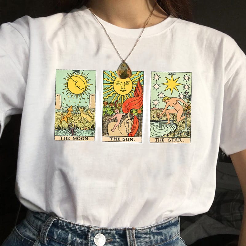 sunfiz YF Vintage Fashion Sun Moon Star Tarot Cards T-Shirt Women's Cute Aesthetic Casual Printed Tee Hipsters Witch Shirt