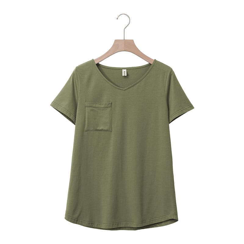 Summer New Women's Cotton T-Shirt With Pockets Casual Short Sleeve V-neck Tees Ladies Tops M30325