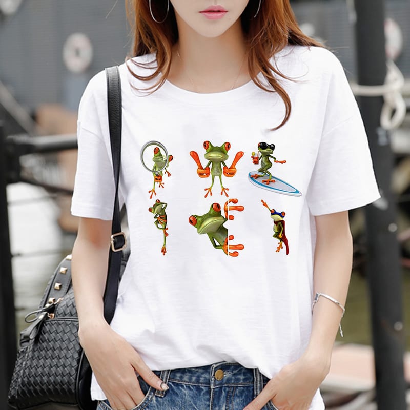 Frog Print Woman Tshirts Women's New Summer Harajuku Fun Cute Animal Pattern T Shirt Female Tops Casual Short Sleeve T-shirt