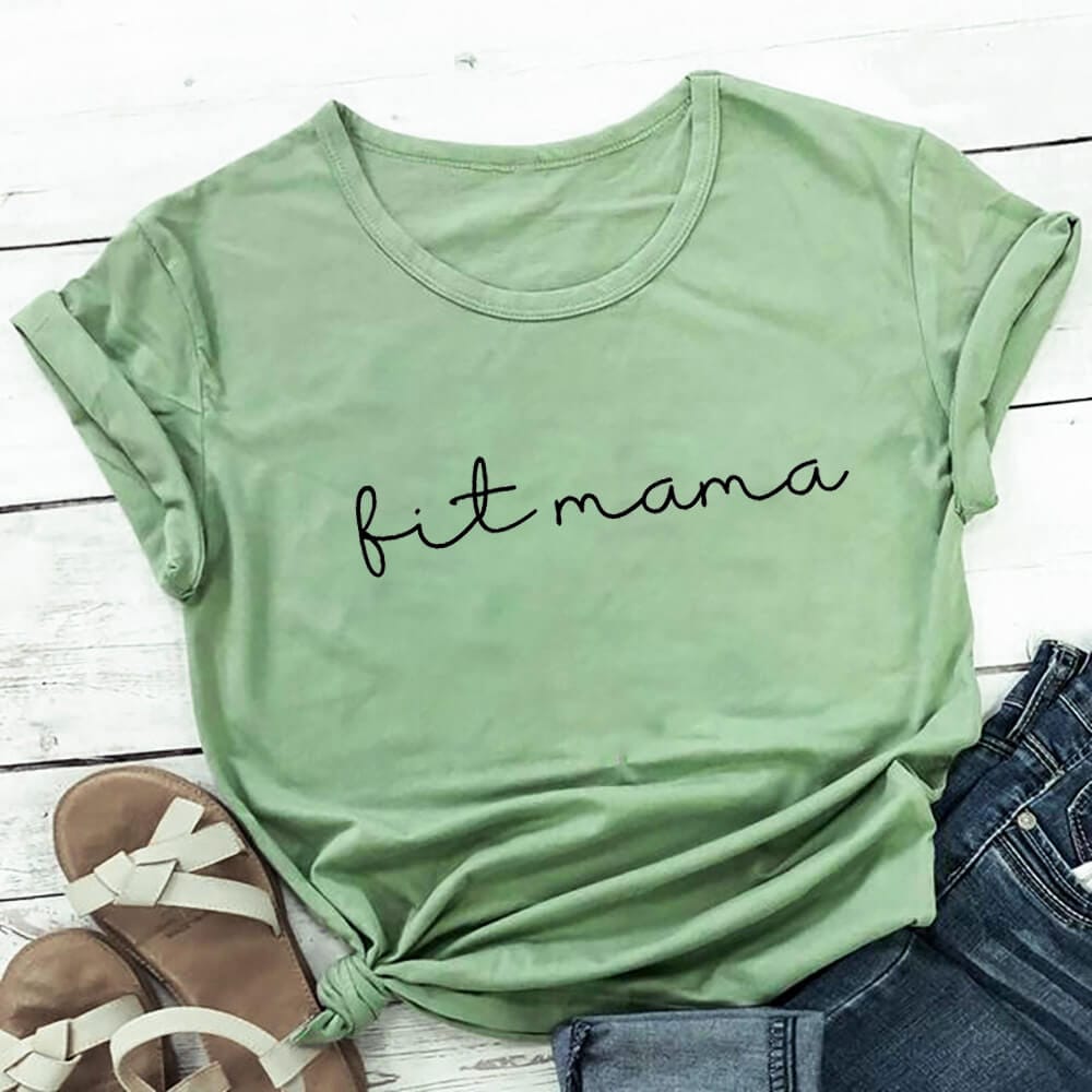 Fit Mama 100%Cotton Women's Tshirt Mom Fitness Shirt Mom Life Summer Casual O-Neck Pullovers Short Sleeve Tops Workout Shirts