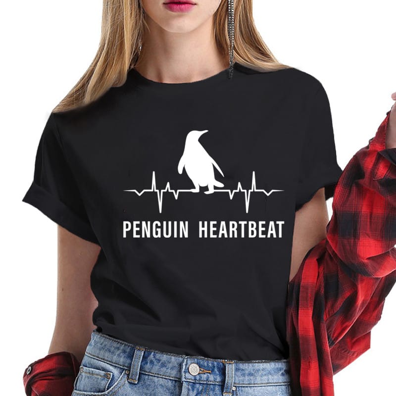 Summer Oversized Penguin Heartbeat Tshirt Women's Funny Penguin Tshirt Harajuku Fashion Funny T Shirts Kawaii O-Neck Women Shirt
