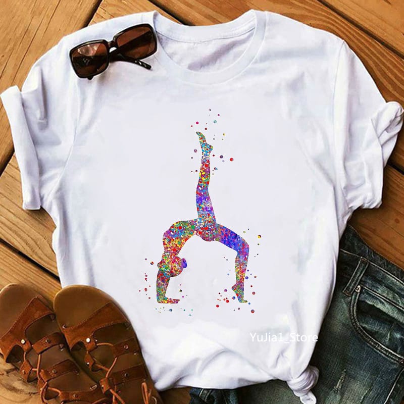 Watercolor Gymnastics Girl Print T-Shirt Women'S Clothing Funny White Casual Tshirt Femme Harajuku Kawaii Clothes Streetwear