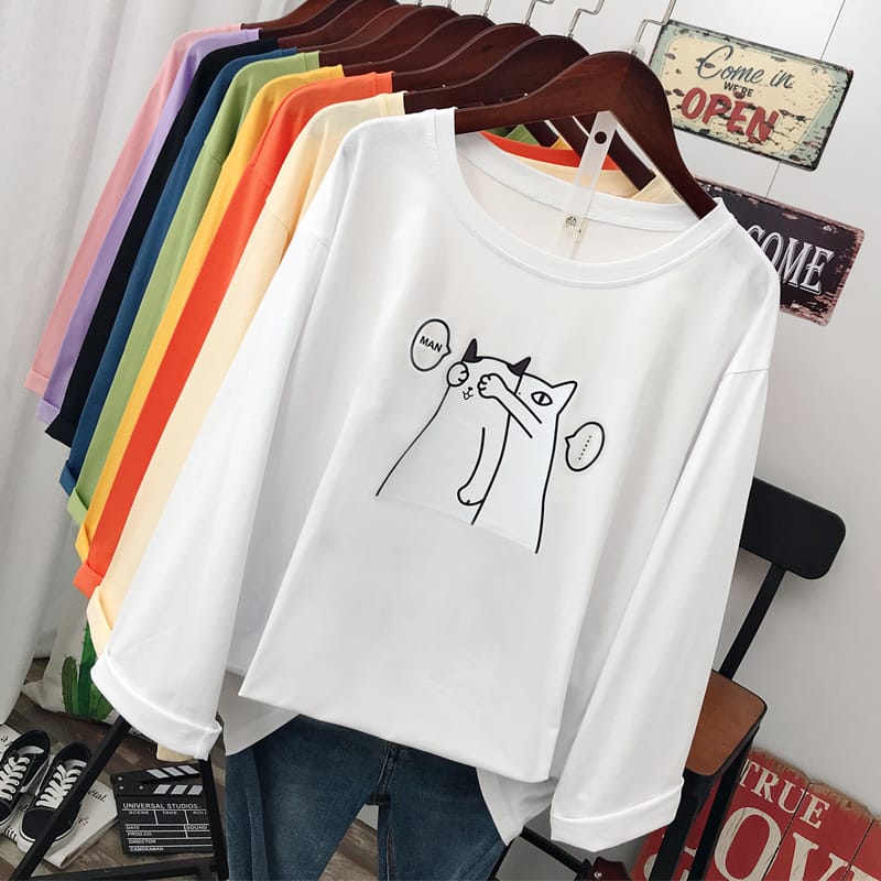 Spring and Autumn New Fashion Pure cotton Soft Women's Loose long Sleeve T-shirts Cartoon Two cats pattern printing tops Female