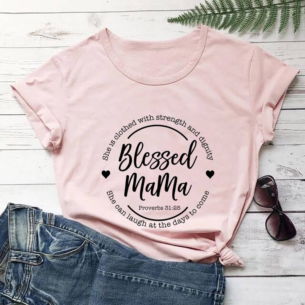 Blessed MaMa 100%Cotton Women's Tshirt Blessed Shirt Mom Life Summer Casual O-Neck Pullovers Short Sleeve Tops Gift For Mom