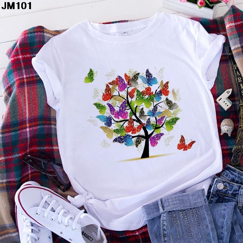 New Women's Butterfly Tree Printed T-shirt Harajuku Casual White Short-sleeved T Shirt Fashion Summer Top Female Tshirt Clothing
