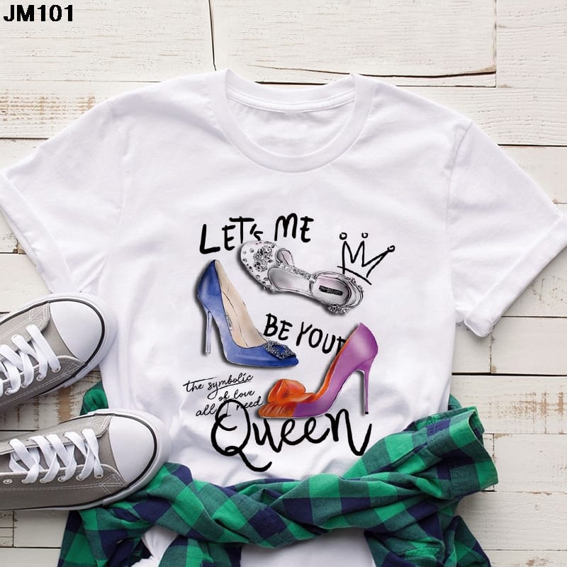 Fashionable Queen High Heels Printing Tshirt Harajuku Women's Short-sleeved T Shirt Female Tops Streetwear O-neck White T-shirt