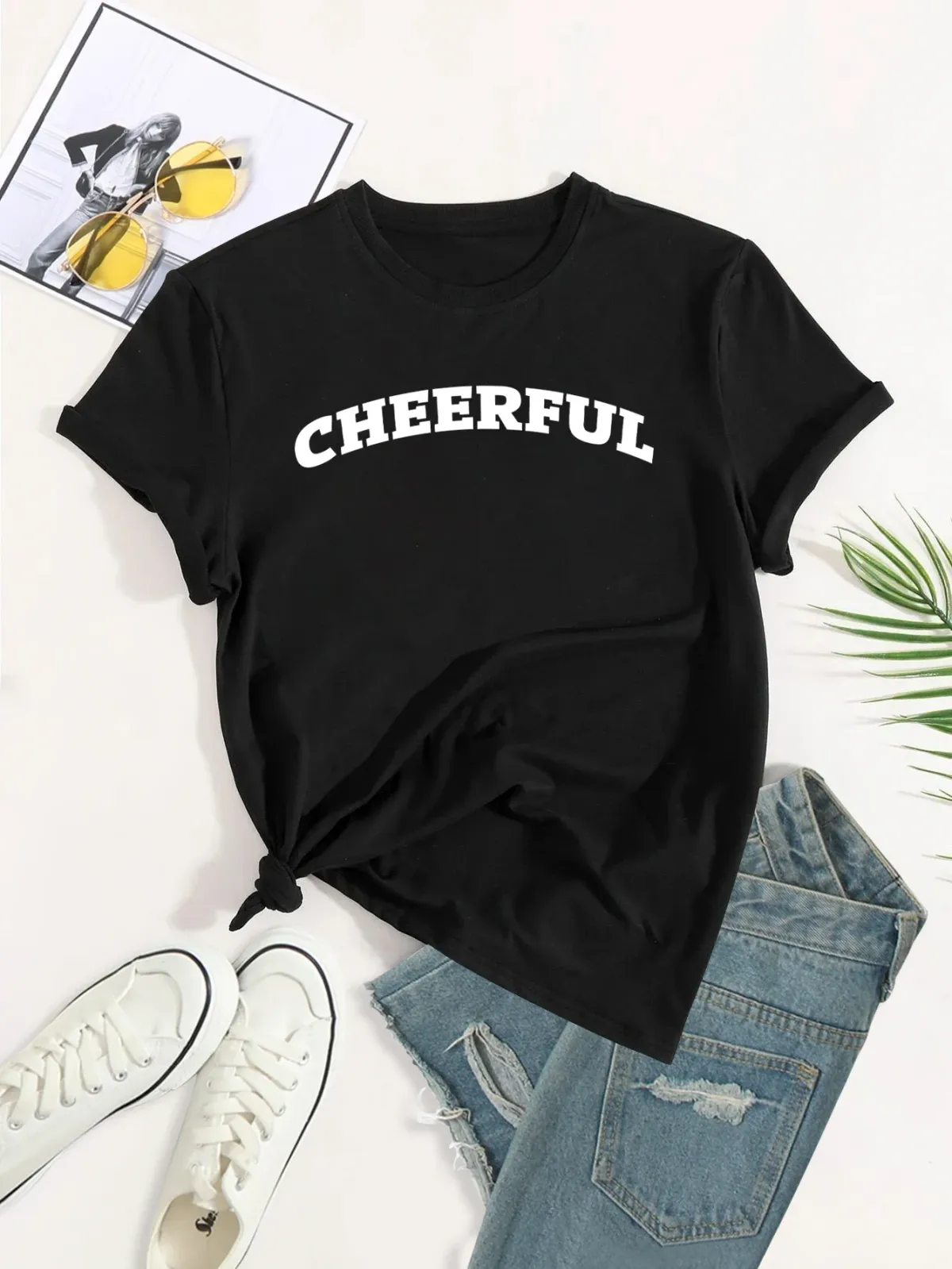 Plus Size Cheerful Tee,Print Crew Neck T-shirt Women's Casual Loose Short Sleeve Fashion Summer T-Shirts Tops Women's Clothing