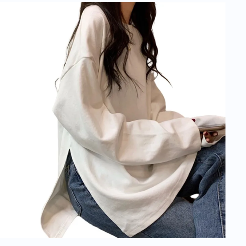 Women O-neck Long Sleeve T Shirts Side Split Casual Tees Women's Wine T-shirt Basic Tee Shirt Oversize T Shirt Loose Pullover