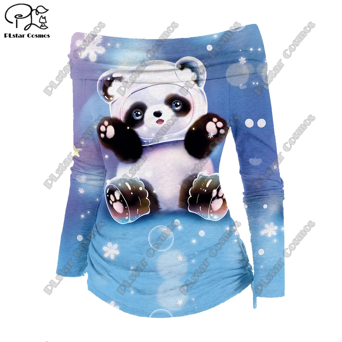 3D printed animal series tiger alpaca panda deer pattern art print off-shoulder pleated tight T-shirt women's casual top