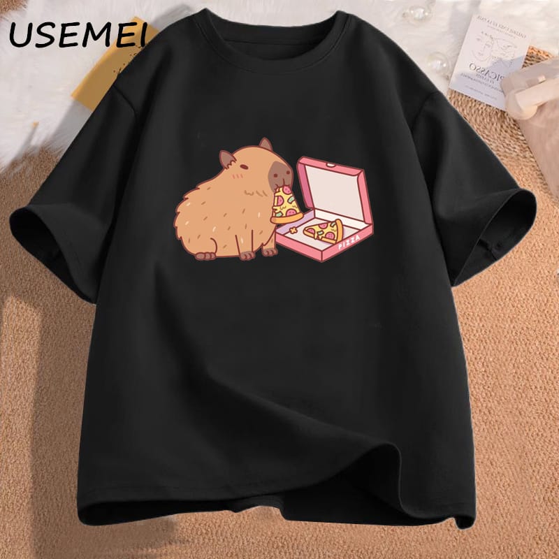 Cute Capybara Eating Pizza T Shirt Women Cute Graphic Print Tees Women's Tee Shirt Cotton Short Sleeve Woman Clothing T-shirs