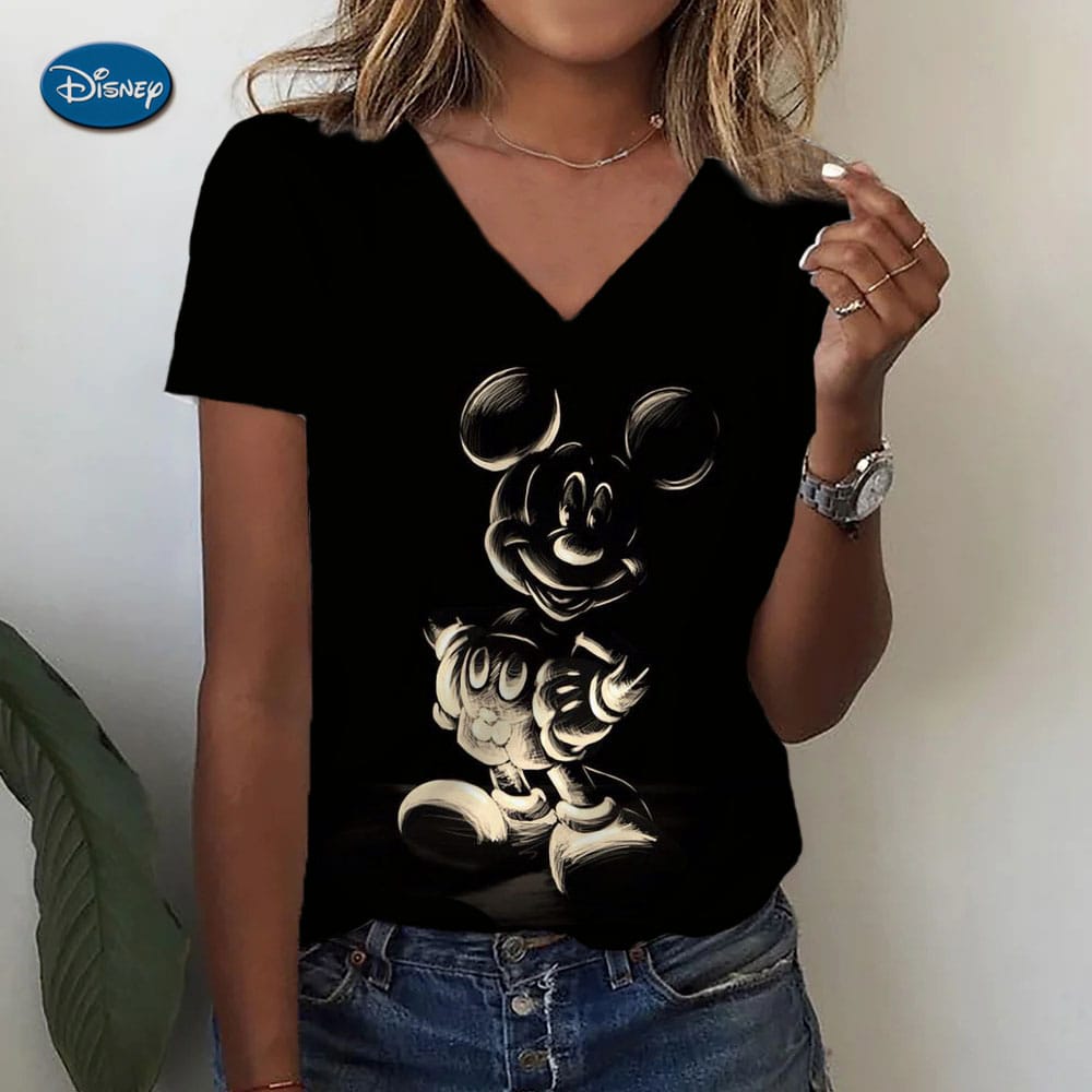 Women V-neck T-shirt Disney Minnie Mickey Mouse Print Fashion Y2k Streetwear Summer Short Sleeve Women's Oversized Tshirt