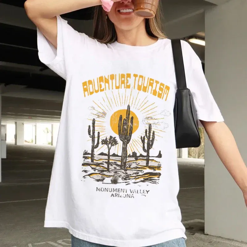 Printed Summer Short Sleeved Desert Safari Adventure Casual Women's Fashion Cartoon Trendy Pattern T-Shirt Women's Clothing T-Sh
