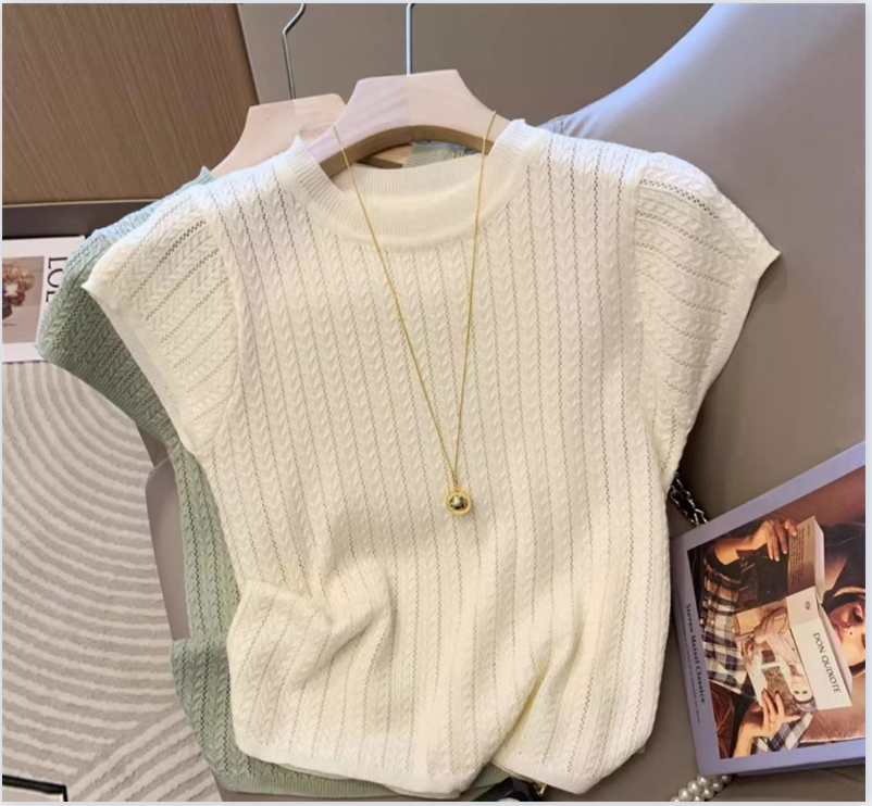 Sweet and Fresh Colorful Ice Silk Knitted Tee Women's Short Sleeve Top for 2024 Summer