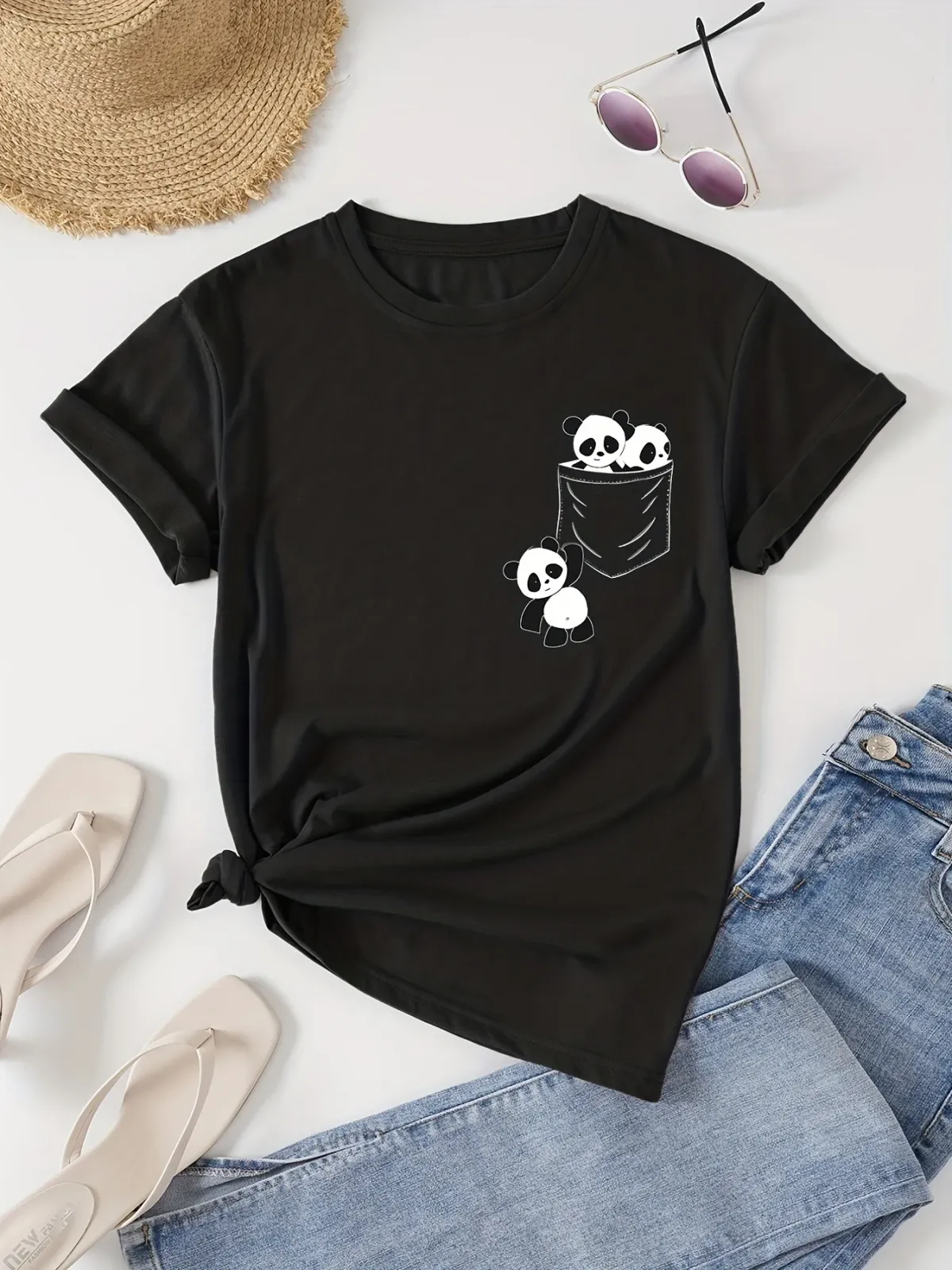Kawaii Panda Print Crew Neck Cotton T-Shirt Casual Short Sleeve Outdoors Funny T-Shirt for Spring Summer Women's Clothing