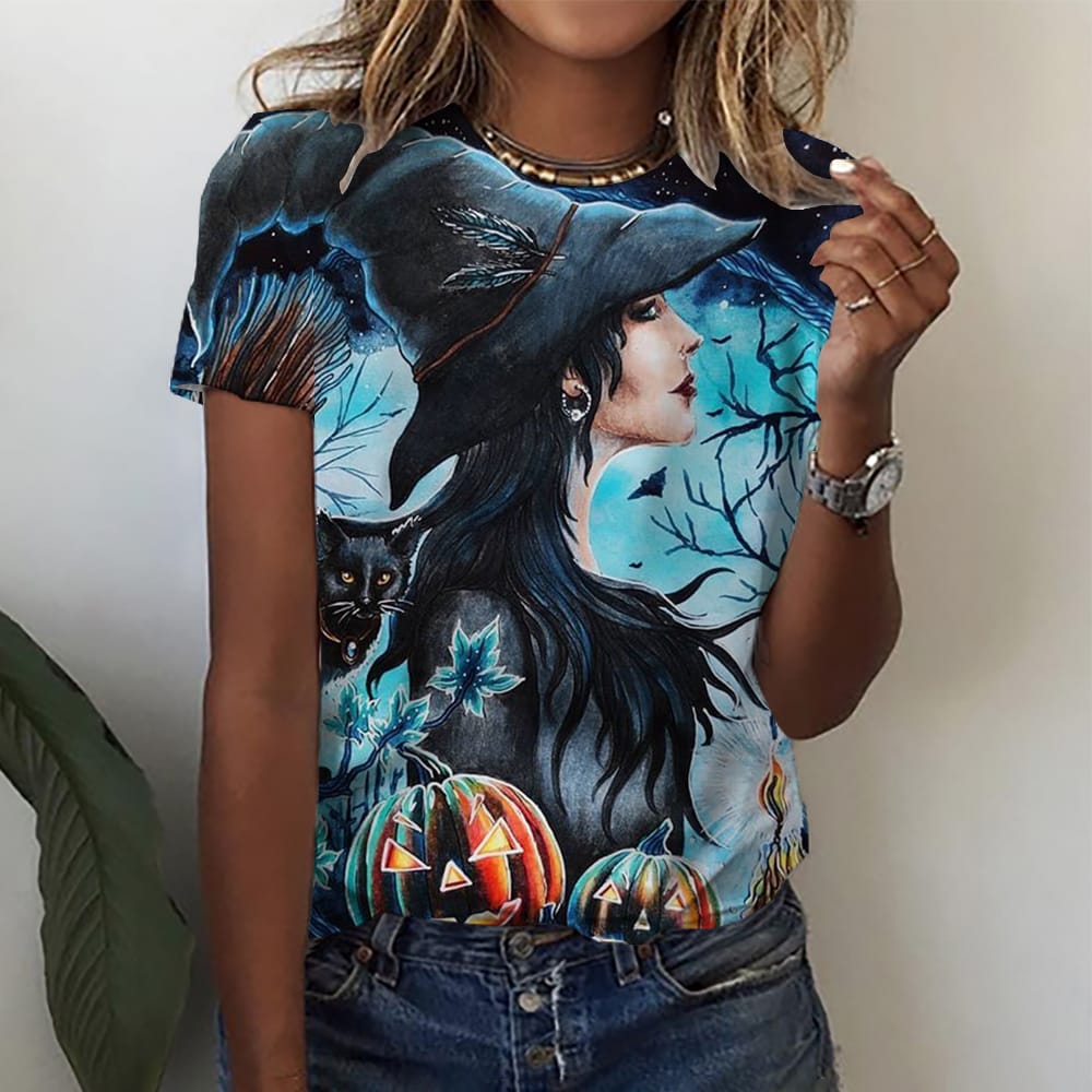 2024 Pattern T-shirt Women's Fairy Tale Magic Girl Printed Short Sleeve Round Neck Fashion Casual Top Women's Clothing Women's C