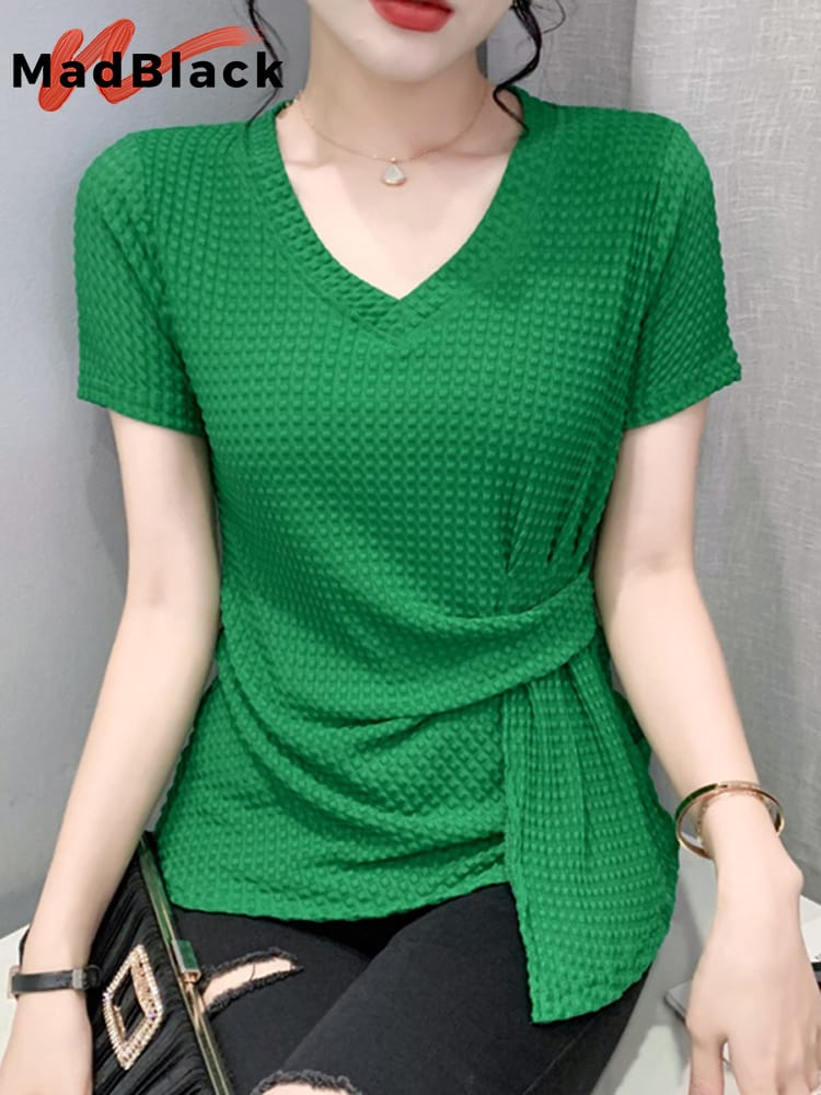MadBlack New 2022 Summer V-neck Pleated Short-Sleeved T-Shirt Women's Top Solid Color Mesh tshirt  Elegant Slim Blusas T29520S