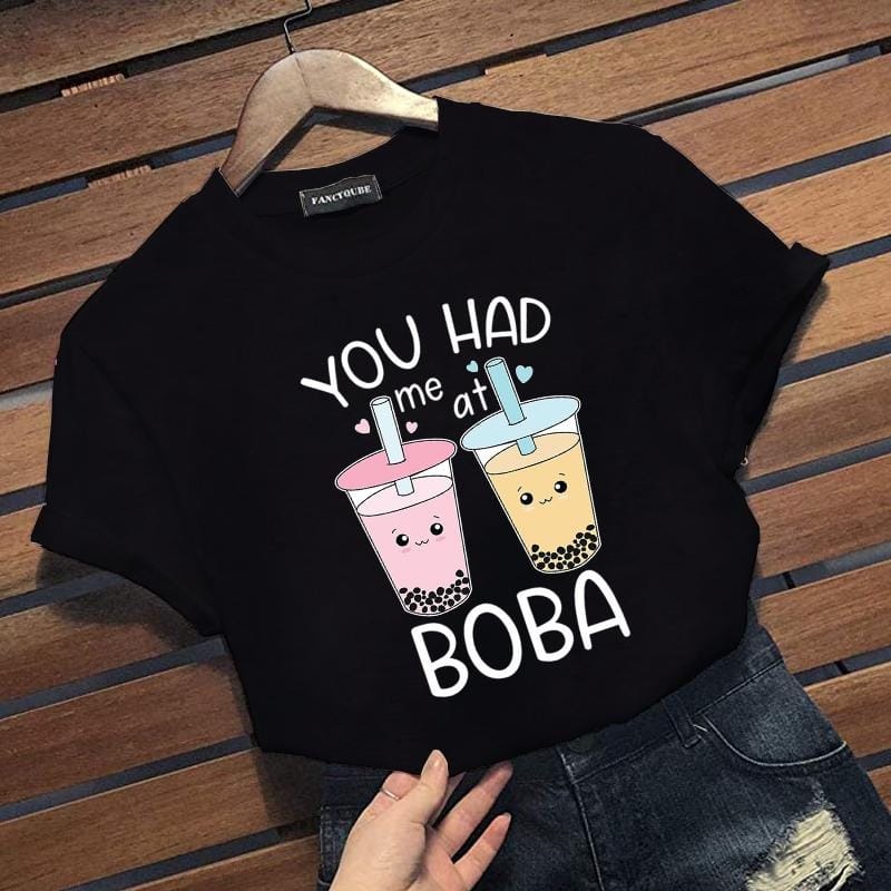 New Funny Boba Pattern Print T-shirt Women's Casual Cute Outdoor Comfortable Round Neck T-shirt Tops